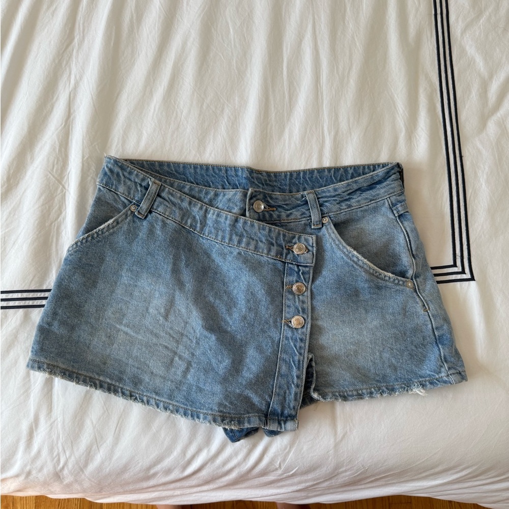 Free People Blue Jean Shorts Asymmetrical Wrap Design